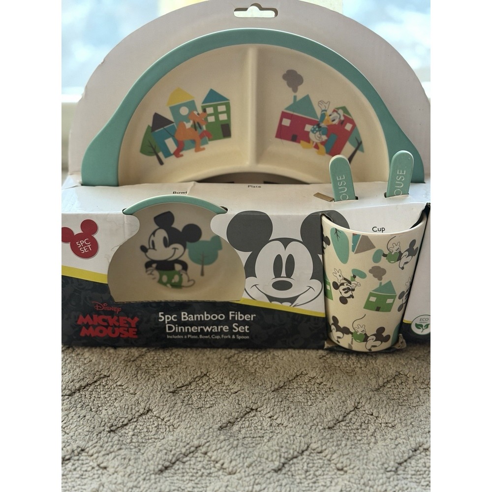 Disney Mickey Mouse 5 pc Bamboo Dinnerware Set Plate/Bowl/Cup/Fork/Spoon